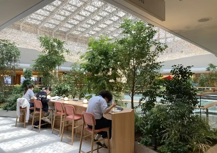 成田空港の休憩場所／癒し空間リニューアルした無料充電ワークスペース／植物があるベンチ